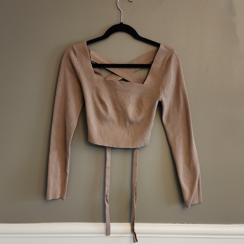 bohme Taupe Cropped Long Sleeve Top with Crisscross Back